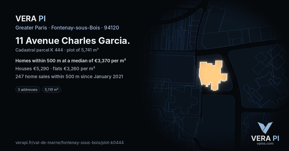11 Avenue Charles Garcia, Fontenay-sous-Bois at night – the plot lit, the parcels around coloured by the prices near them