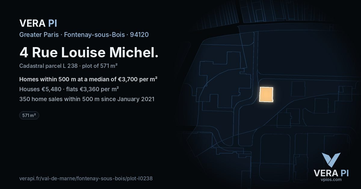 4 Rue Louise Michel, Fontenay-sous-Bois at night – the plot lit, the parcels around coloured by the prices near them