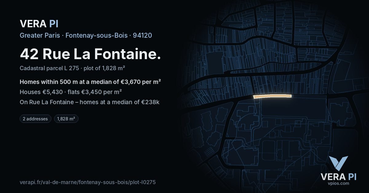 42 Rue La Fontaine, Fontenay-sous-Bois at night – the plot lit, the parcels around coloured by the prices near them