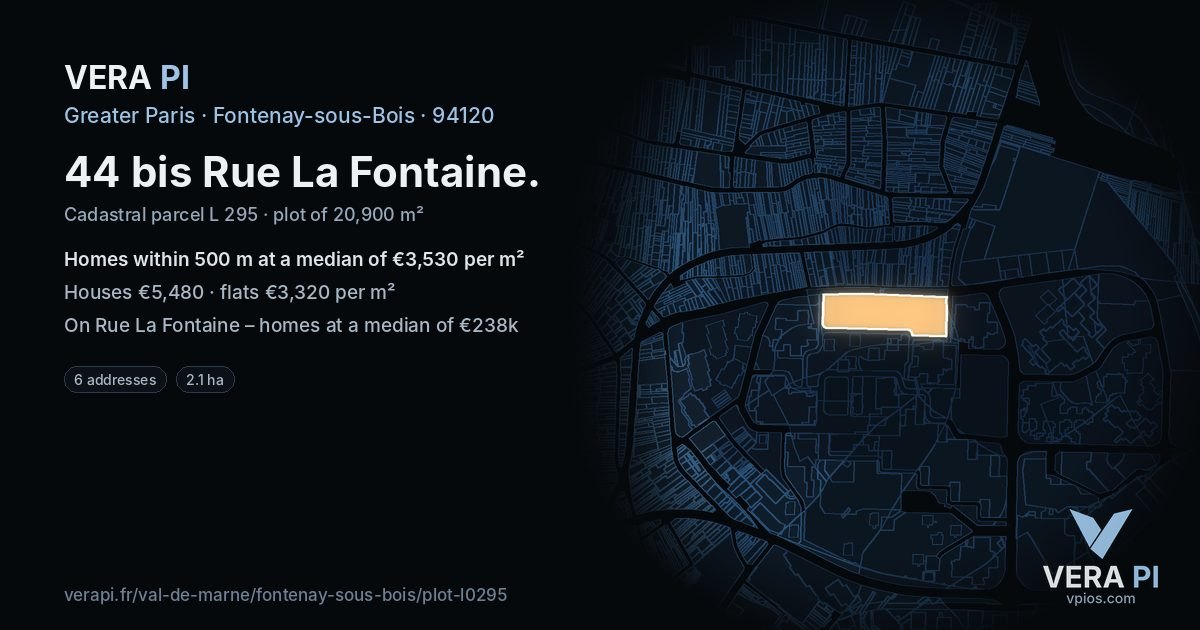 44 bis Rue La Fontaine, Fontenay-sous-Bois at night – the plot lit, the parcels around coloured by the prices near them