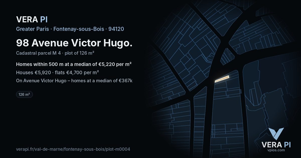 98 Avenue Victor Hugo, Fontenay-sous-Bois at night – the plot lit, the parcels around coloured by the prices near them