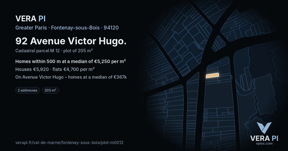 92 Avenue Victor Hugo, Fontenay-sous-Bois at night – the plot lit, the parcels around coloured by the prices near them