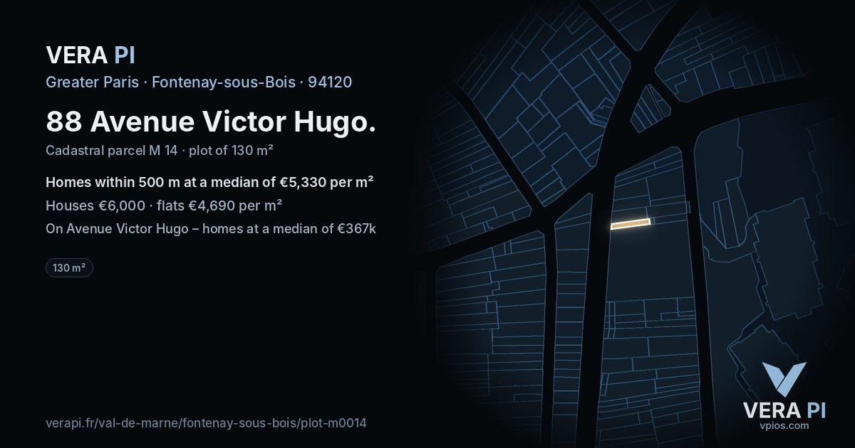 88 Avenue Victor Hugo, Fontenay-sous-Bois at night – the plot lit, the parcels around coloured by the prices near them
