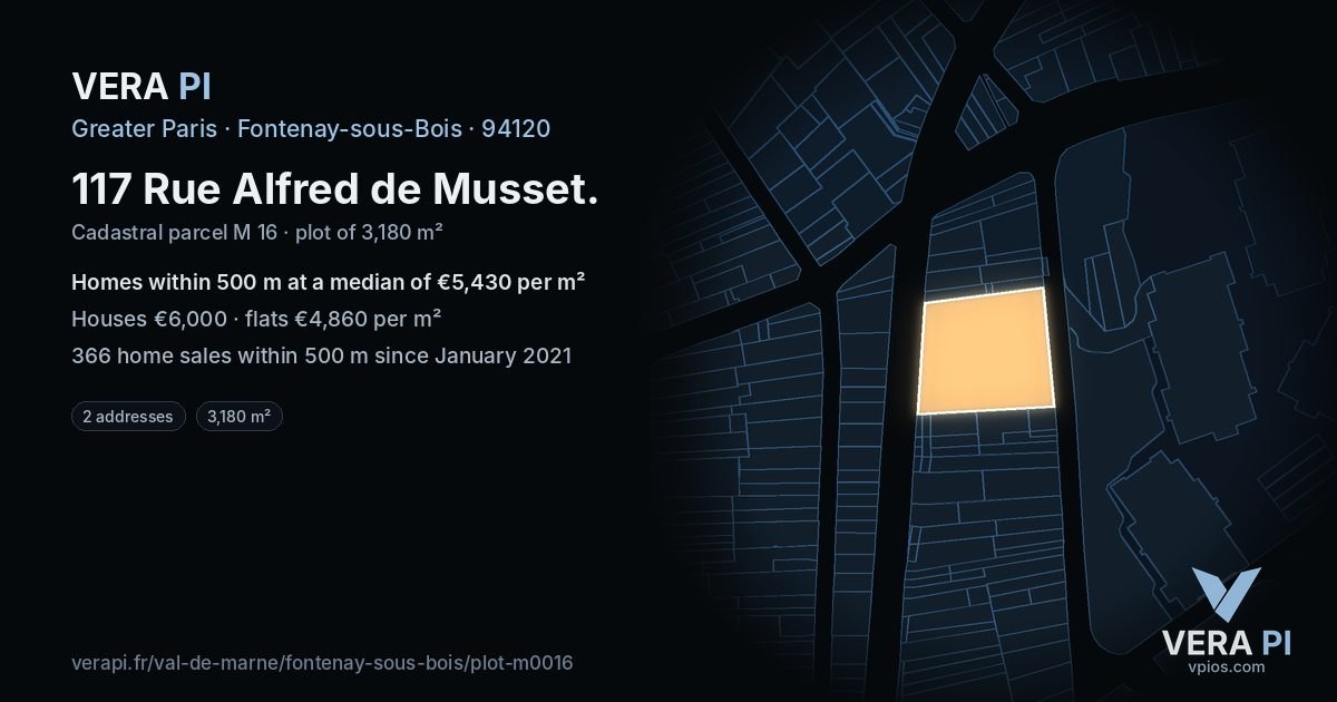 117 Rue Alfred de Musset, Fontenay-sous-Bois at night – the plot lit, the parcels around coloured by the prices near them