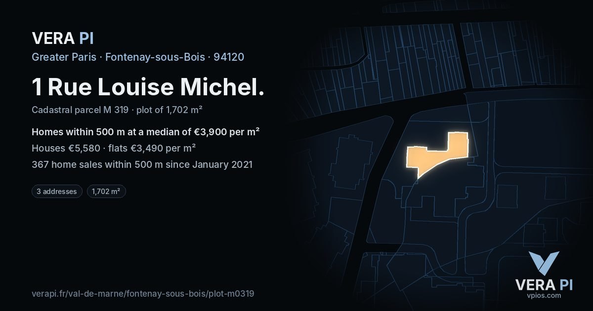 1 Rue Louise Michel, Fontenay-sous-Bois at night – the plot lit, the parcels around coloured by the prices near them