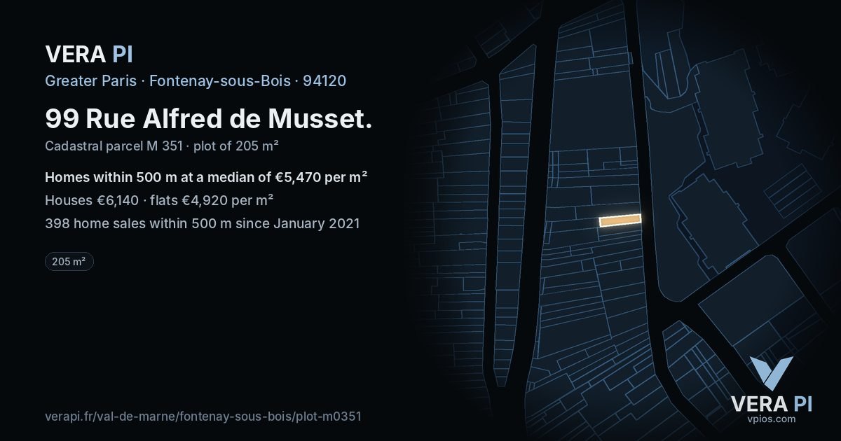 99 Rue Alfred de Musset, Fontenay-sous-Bois at night – the plot lit, the parcels around coloured by the prices near them