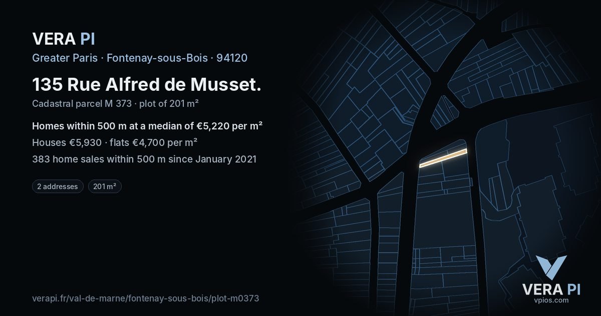 135 Rue Alfred de Musset, Fontenay-sous-Bois at night – the plot lit, the parcels around coloured by the prices near them