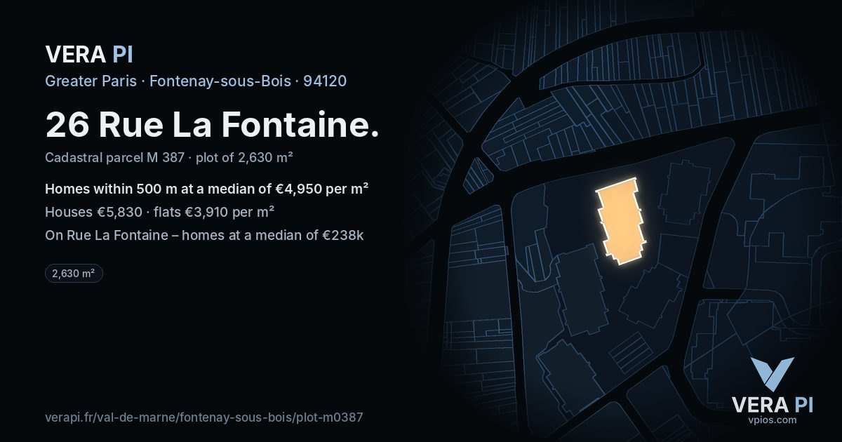 26 Rue La Fontaine, Fontenay-sous-Bois at night – the plot lit, the parcels around coloured by the prices near them