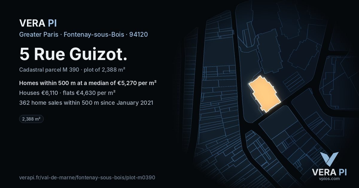 5 Rue Guizot, Fontenay-sous-Bois at night – the plot lit, the parcels around coloured by the prices near them