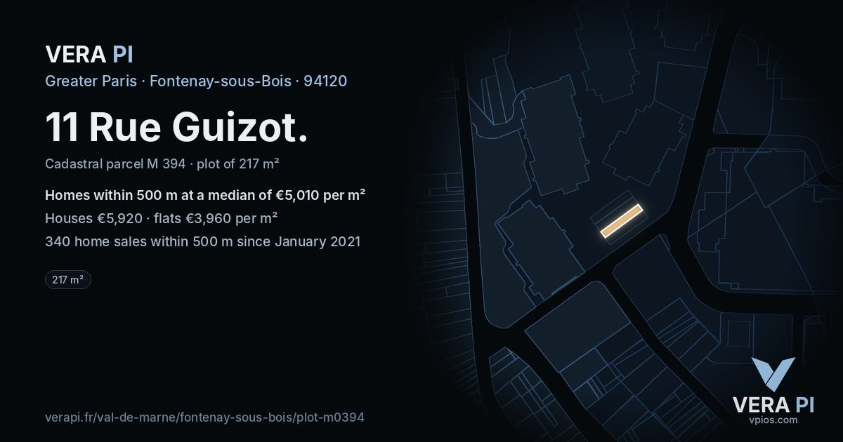 11 Rue Guizot, Fontenay-sous-Bois at night – the plot lit, the parcels around coloured by the prices near them