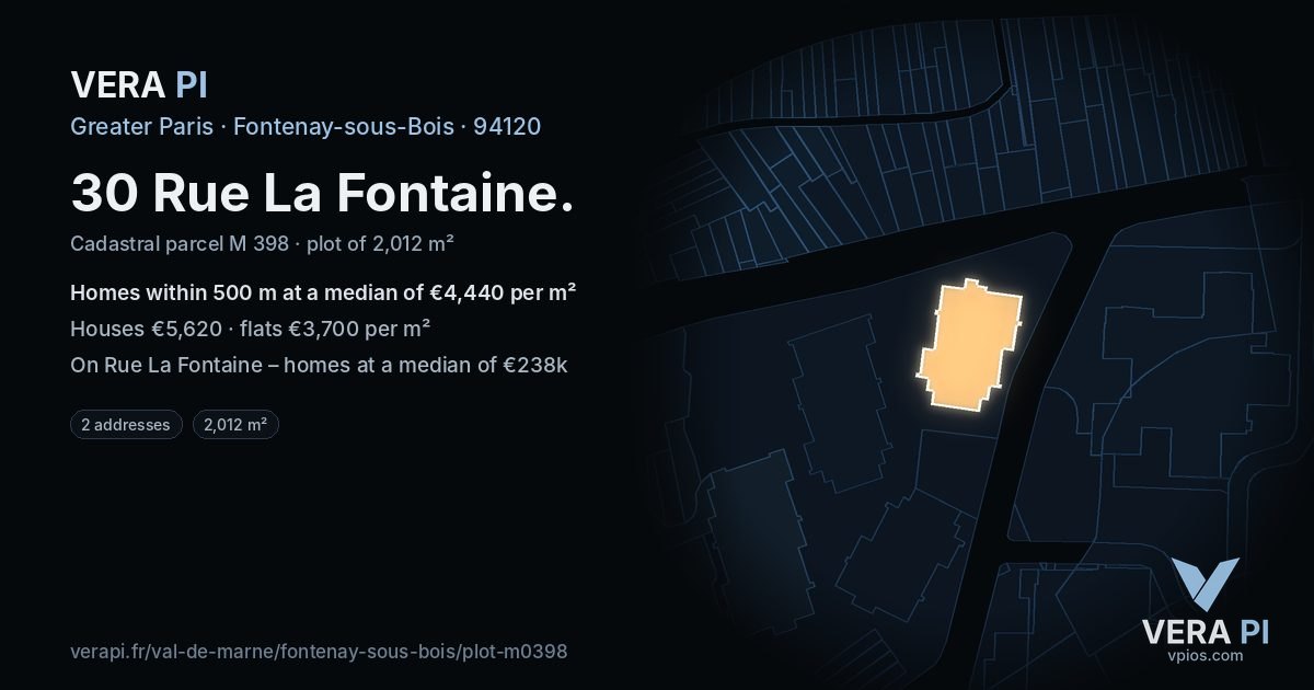 30 Rue La Fontaine, Fontenay-sous-Bois at night – the plot lit, the parcels around coloured by the prices near them