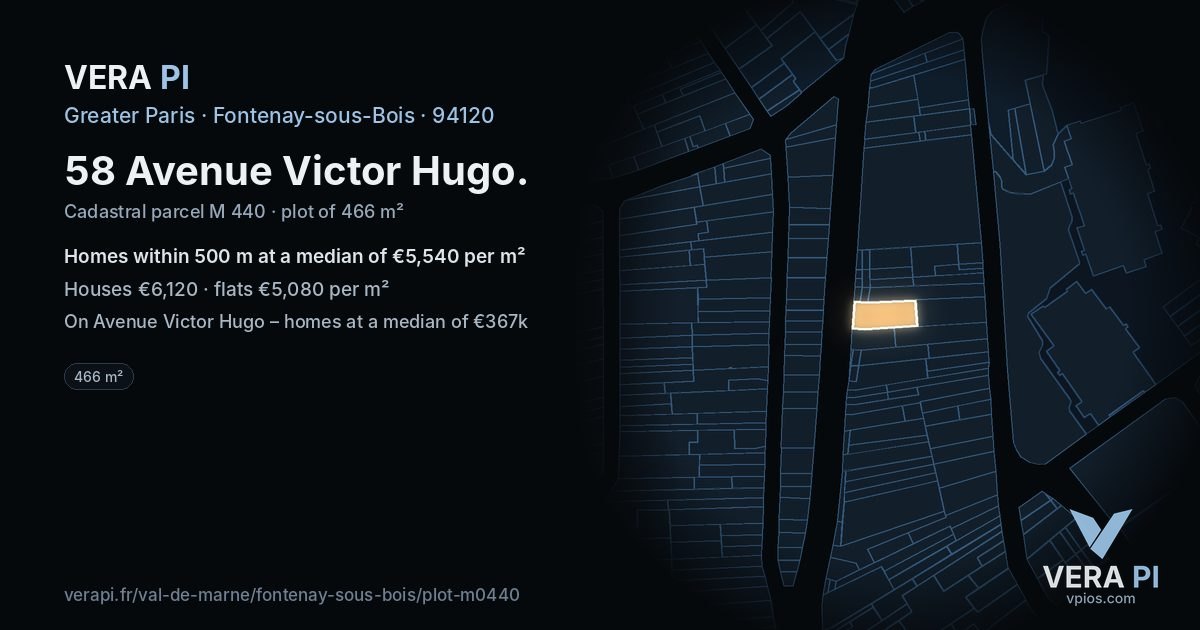 58 Avenue Victor Hugo, Fontenay-sous-Bois at night – the plot lit, the parcels around coloured by the prices near them