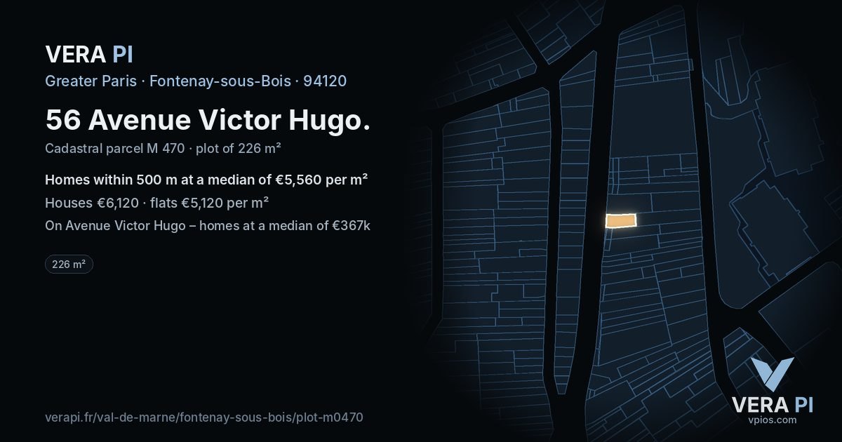 56 Avenue Victor Hugo, Fontenay-sous-Bois at night – the plot lit, the parcels around coloured by the prices near them