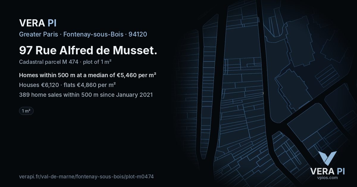 97 Rue Alfred de Musset, Fontenay-sous-Bois at night – the plot lit, the parcels around coloured by the prices near them