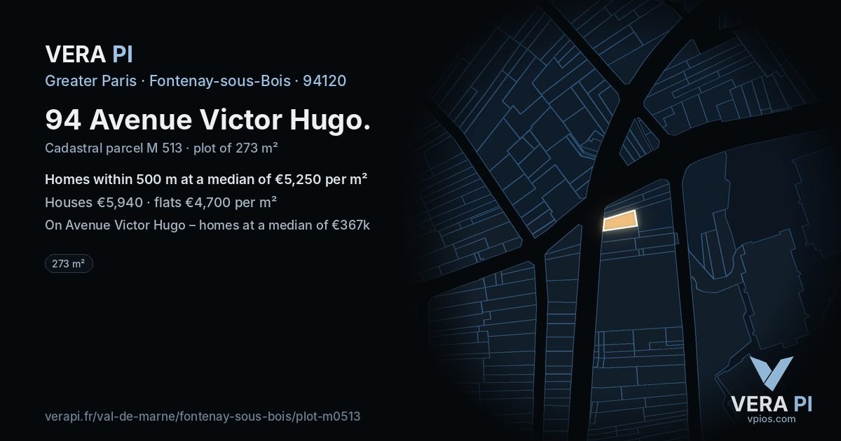 94 Avenue Victor Hugo, Fontenay-sous-Bois at night – the plot lit, the parcels around coloured by the prices near them