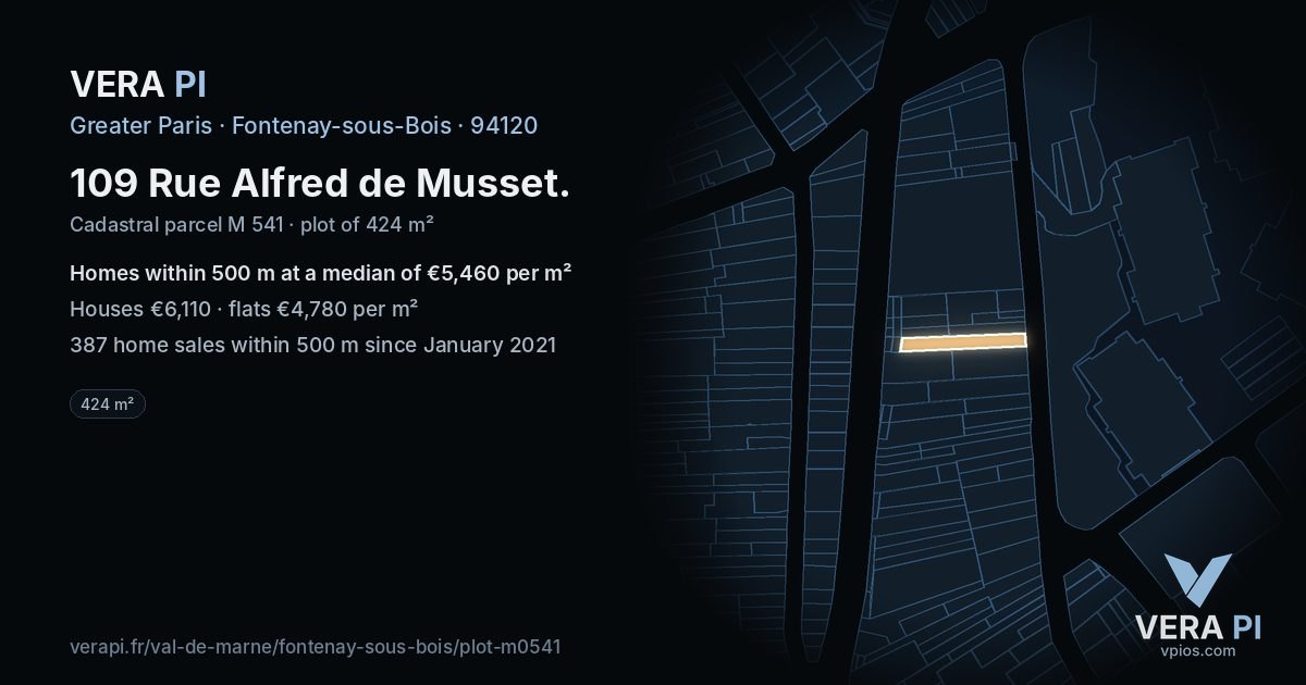 109 Rue Alfred de Musset, Fontenay-sous-Bois at night – the plot lit, the parcels around coloured by the prices near them