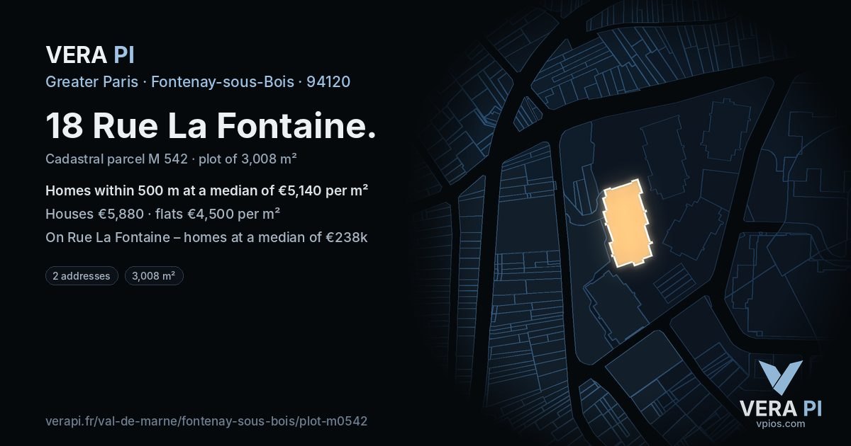 18 Rue La Fontaine, Fontenay-sous-Bois at night – the plot lit, the parcels around coloured by the prices near them