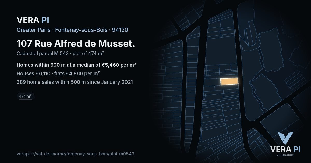 107 Rue Alfred de Musset, Fontenay-sous-Bois at night – the plot lit, the parcels around coloured by the prices near them