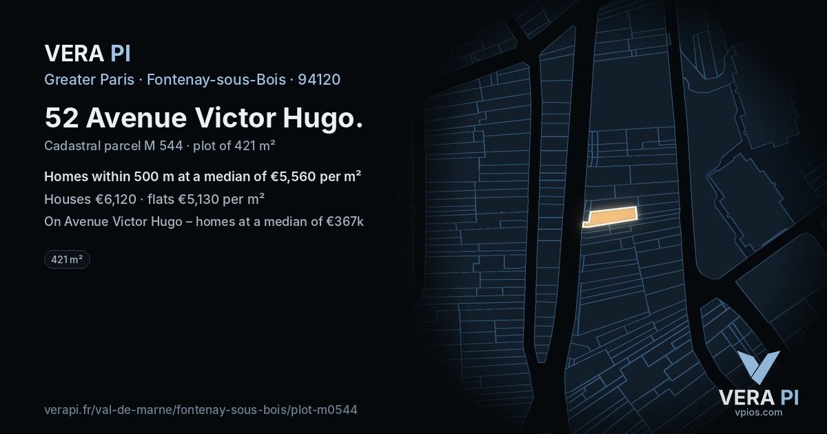 52 Avenue Victor Hugo, Fontenay-sous-Bois at night – the plot lit, the parcels around coloured by the prices near them