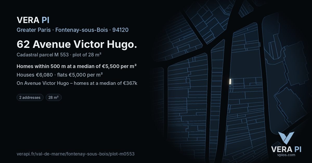 62 Avenue Victor Hugo, Fontenay-sous-Bois at night – the plot lit, the parcels around coloured by the prices near them
