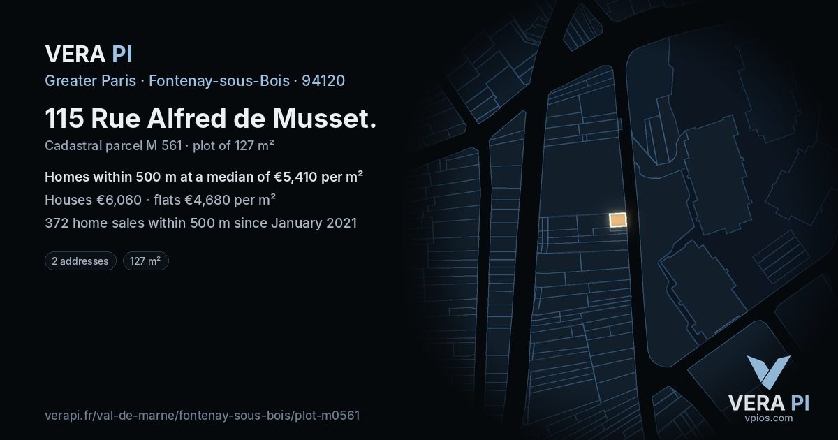 115 Rue Alfred de Musset, Fontenay-sous-Bois at night – the plot lit, the parcels around coloured by the prices near them