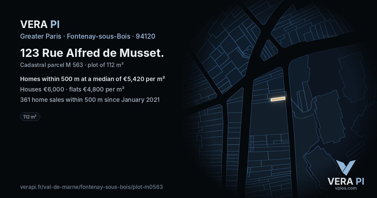 123 Rue Alfred de Musset, Fontenay-sous-Bois at night – the plot lit, the parcels around coloured by the prices near them