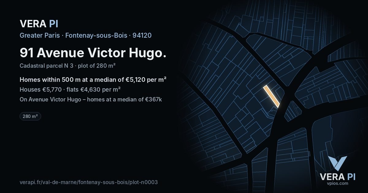 91 Avenue Victor Hugo, Fontenay-sous-Bois at night – the plot lit, the parcels around coloured by the prices near them