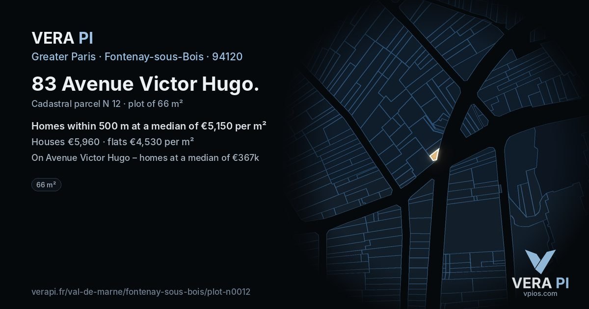 83 Avenue Victor Hugo, Fontenay-sous-Bois at night – the plot lit, the parcels around coloured by the prices near them
