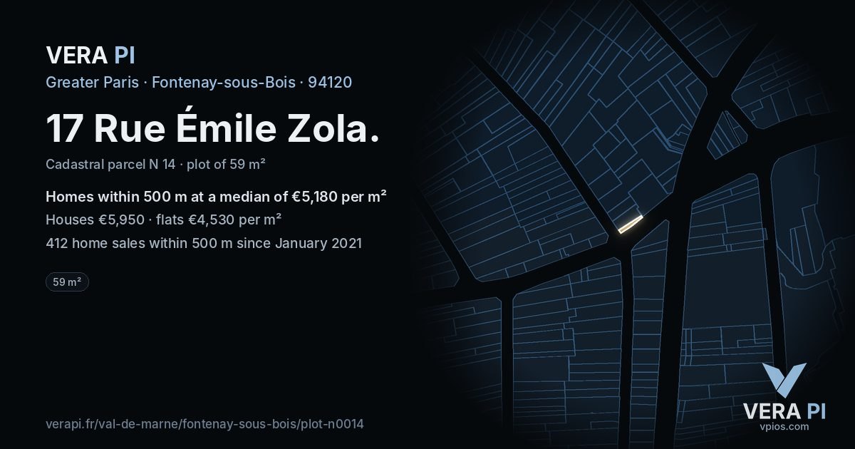 17 Rue Émile Zola, Fontenay-sous-Bois at night – the plot lit, the parcels around coloured by the prices near them