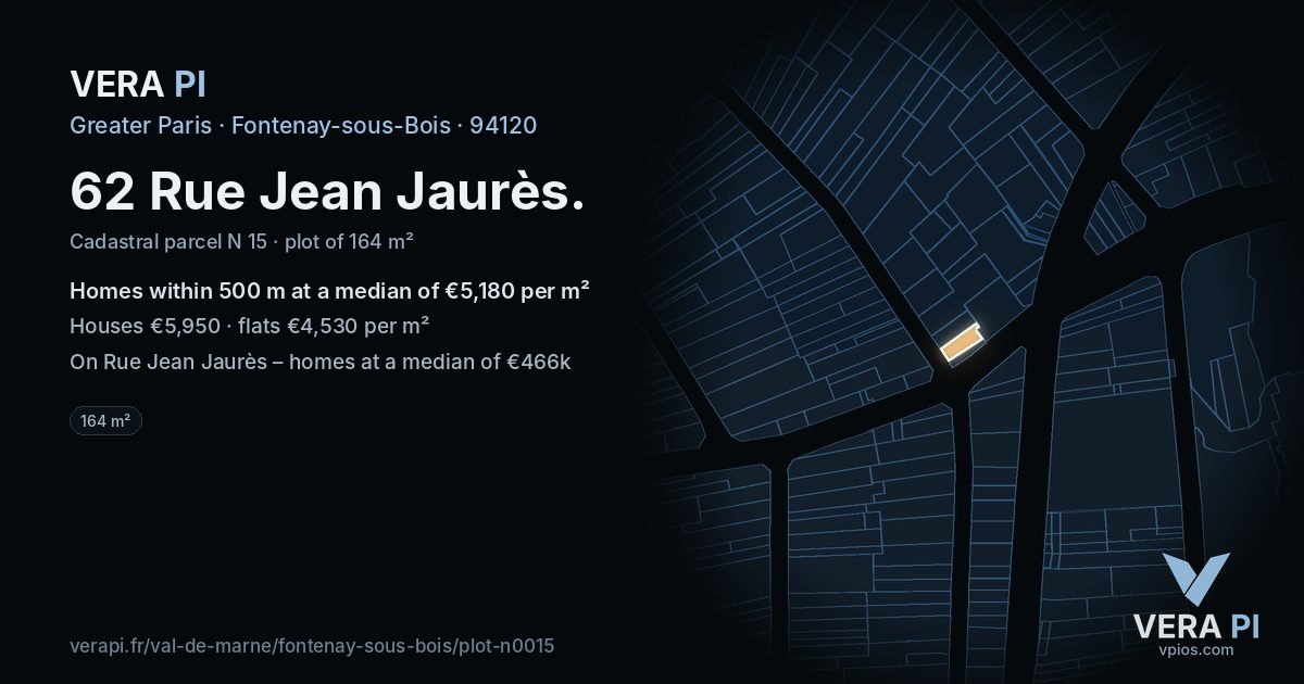 62 Rue Jean Jaurès, Fontenay-sous-Bois at night – the plot lit, the parcels around coloured by the prices near them