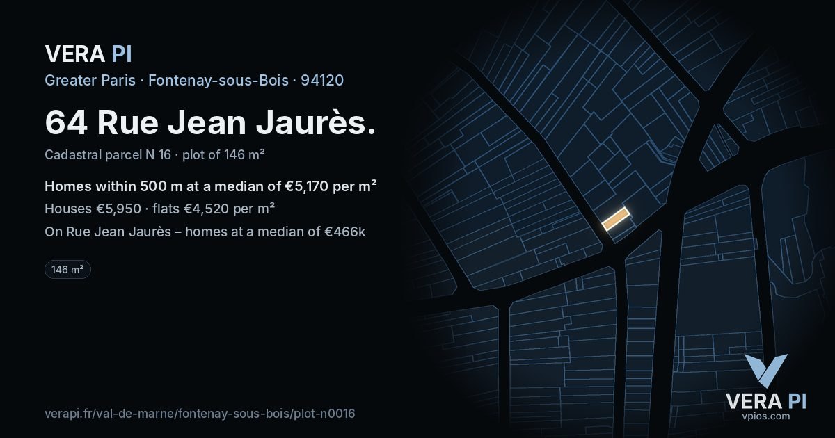 64 Rue Jean Jaurès, Fontenay-sous-Bois at night – the plot lit, the parcels around coloured by the prices near them