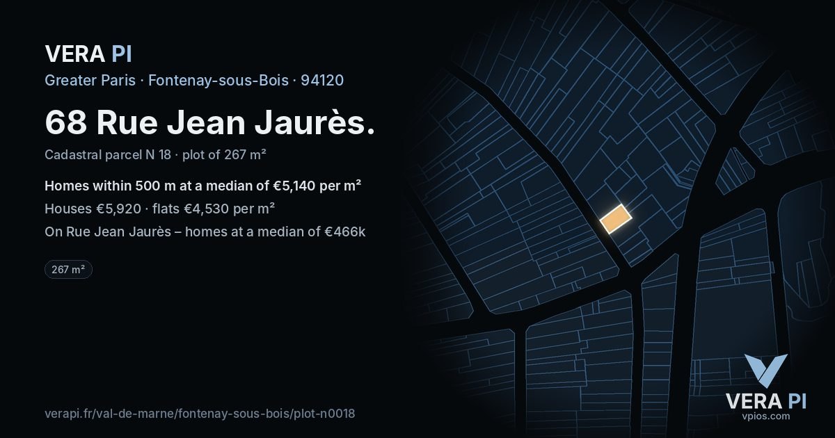 68 Rue Jean Jaurès, Fontenay-sous-Bois at night – the plot lit, the parcels around coloured by the prices near them