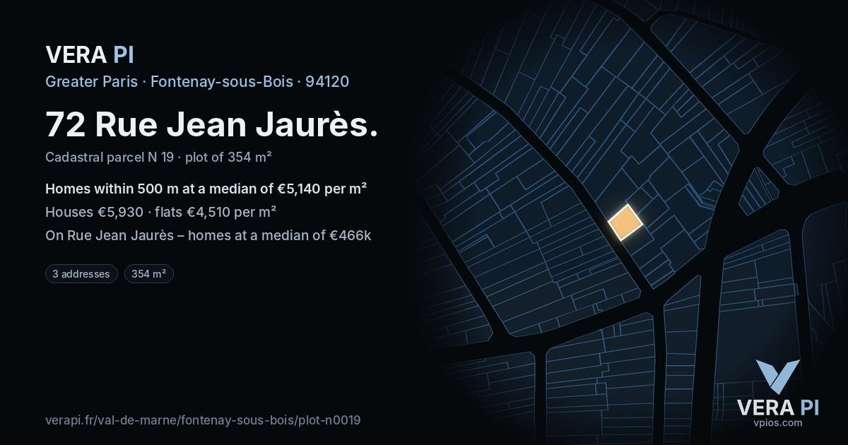 72 Rue Jean Jaurès, Fontenay-sous-Bois at night – the plot lit, the parcels around coloured by the prices near them