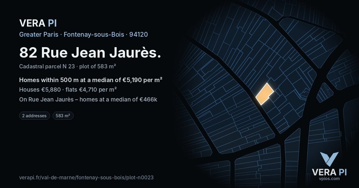 82 Rue Jean Jaurès, Fontenay-sous-Bois at night – the plot lit, the parcels around coloured by the prices near them
