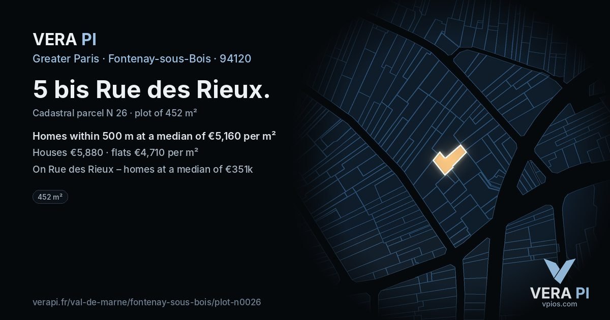 5 bis Rue des Rieux, Fontenay-sous-Bois at night – the plot lit, the parcels around coloured by the prices near them