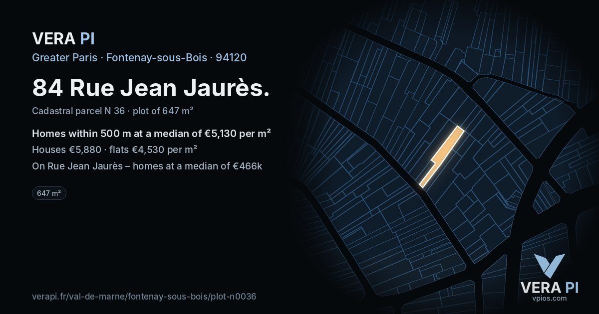 84 Rue Jean Jaurès, Fontenay-sous-Bois at night – the plot lit, the parcels around coloured by the prices near them