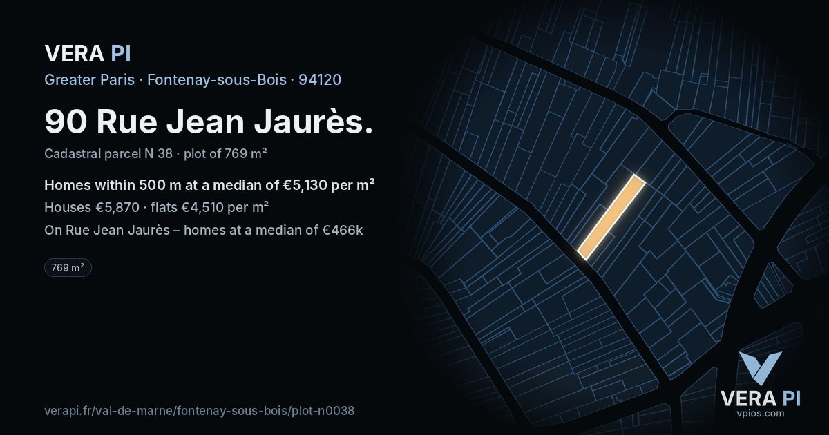90 Rue Jean Jaurès, Fontenay-sous-Bois at night – the plot lit, the parcels around coloured by the prices near them
