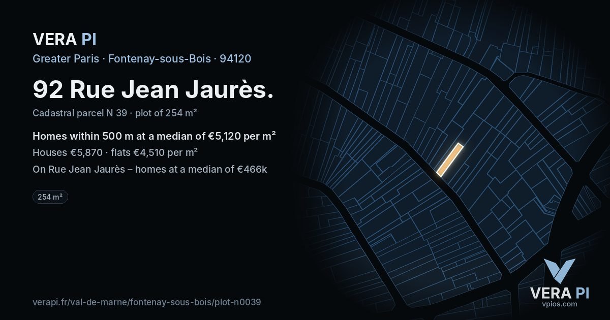 92 Rue Jean Jaurès, Fontenay-sous-Bois at night – the plot lit, the parcels around coloured by the prices near them