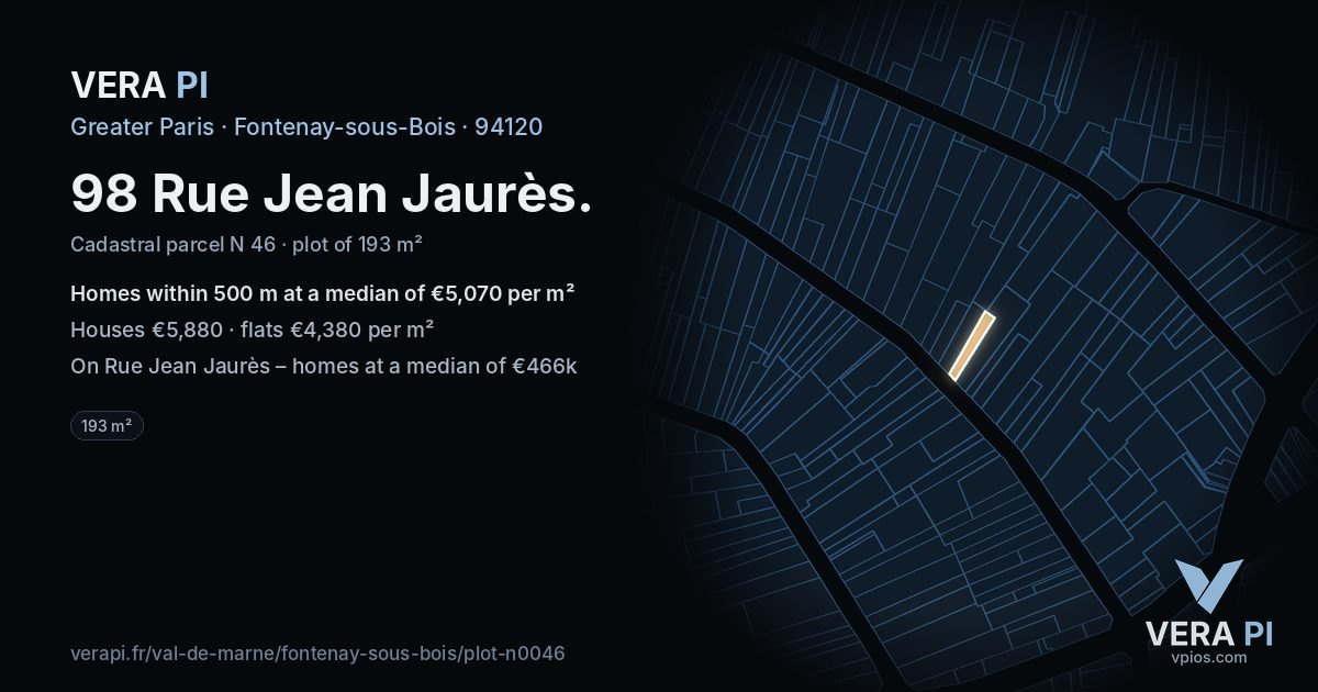 98 Rue Jean Jaurès, Fontenay-sous-Bois at night – the plot lit, the parcels around coloured by the prices near them