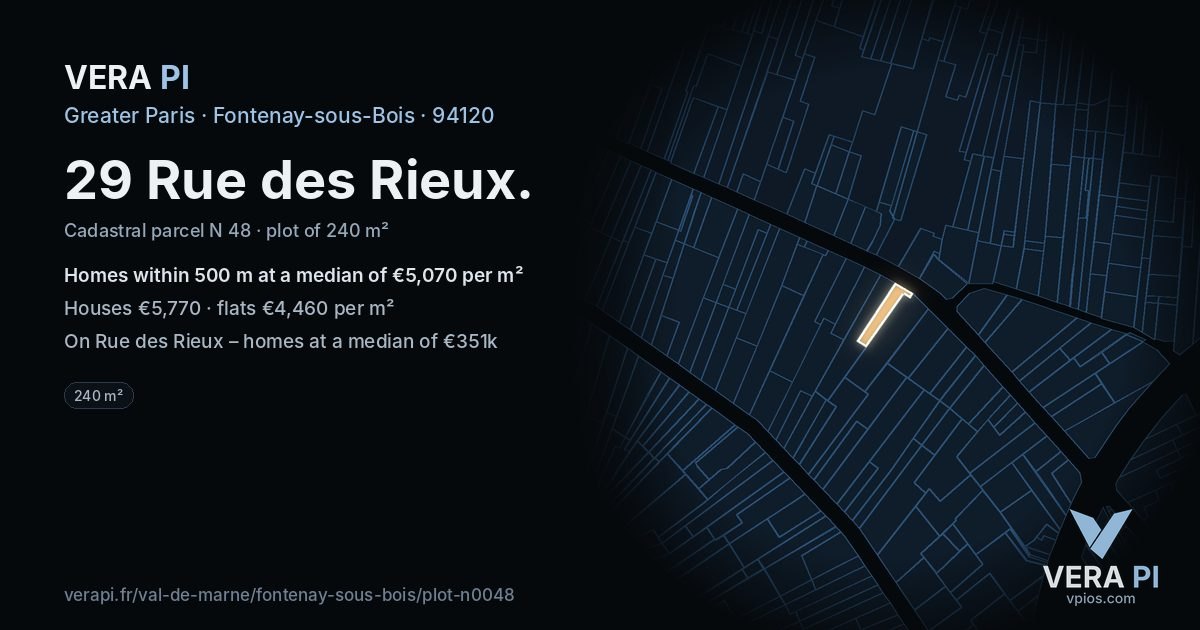 29 Rue des Rieux, Fontenay-sous-Bois at night – the plot lit, the parcels around coloured by the prices near them