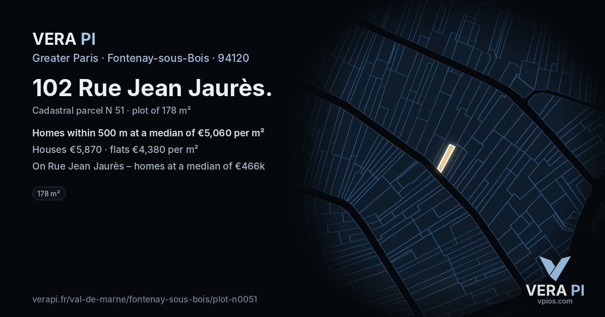 102 Rue Jean Jaurès, Fontenay-sous-Bois at night – the plot lit, the parcels around coloured by the prices near them