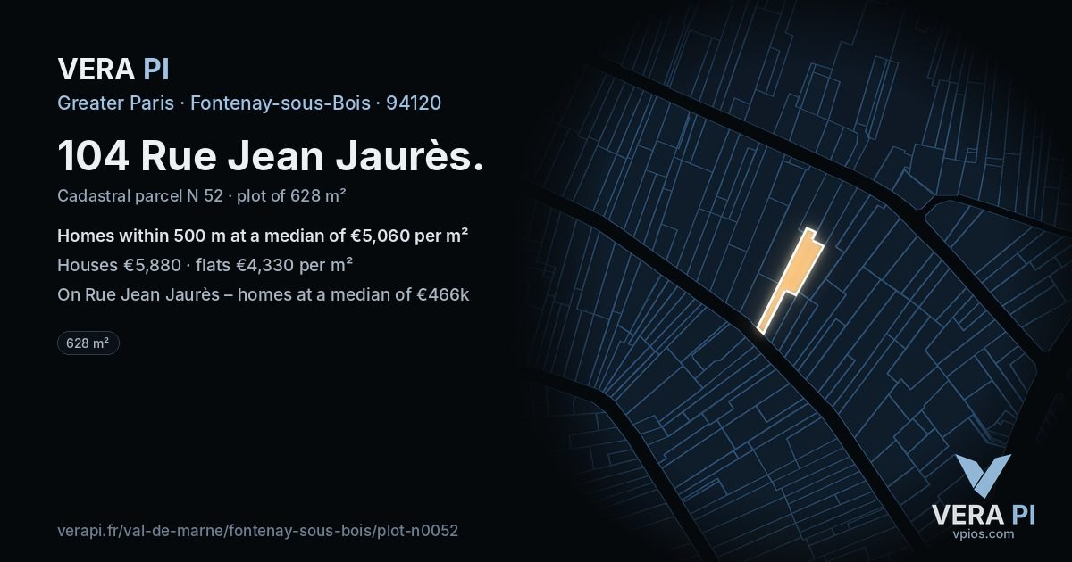 104 Rue Jean Jaurès, Fontenay-sous-Bois at night – the plot lit, the parcels around coloured by the prices near them