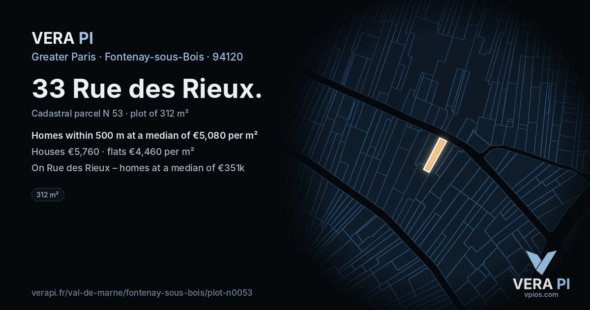 33 Rue des Rieux, Fontenay-sous-Bois at night – the plot lit, the parcels around coloured by the prices near them