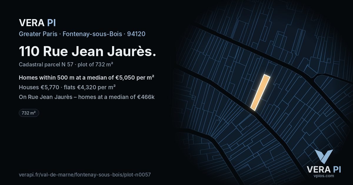 110 Rue Jean Jaurès, Fontenay-sous-Bois at night – the plot lit, the parcels around coloured by the prices near them