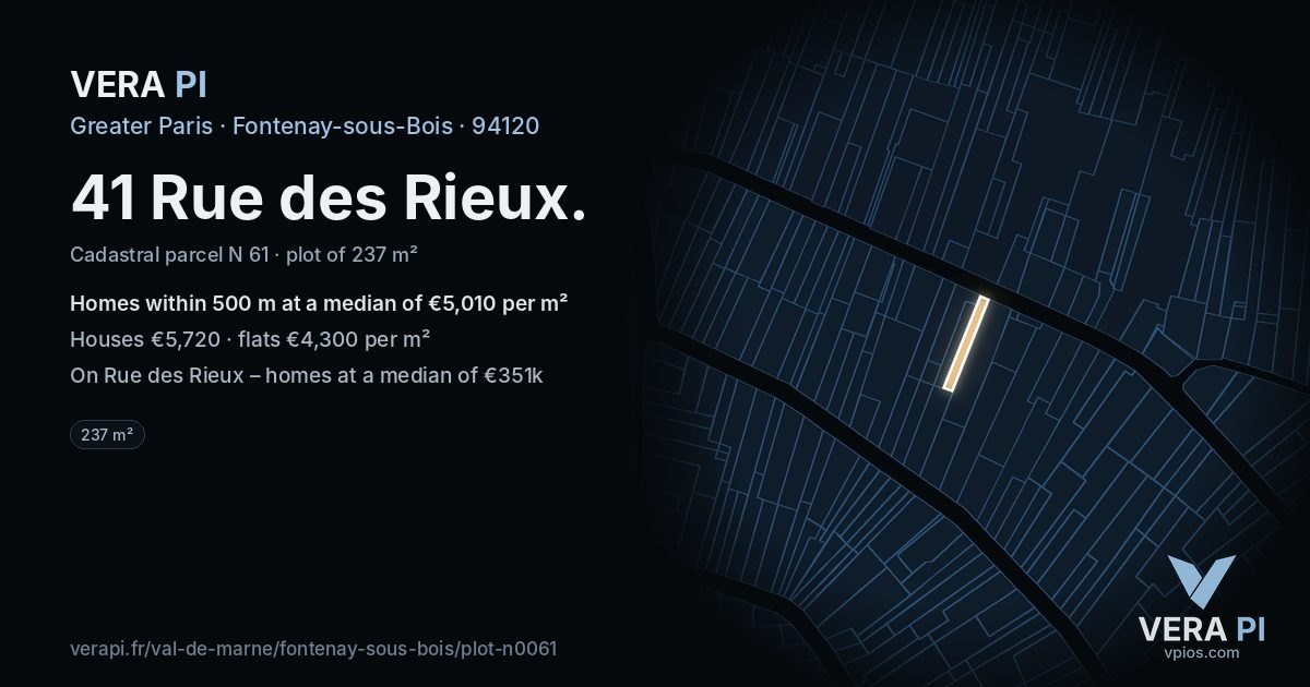 41 Rue des Rieux, Fontenay-sous-Bois at night – the plot lit, the parcels around coloured by the prices near them