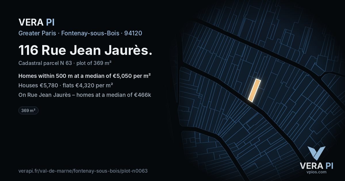 116 Rue Jean Jaurès, Fontenay-sous-Bois at night – the plot lit, the parcels around coloured by the prices near them