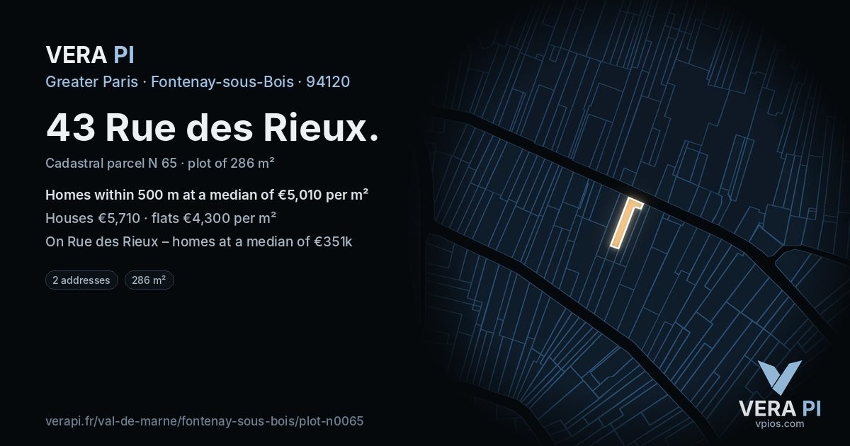 43 Rue des Rieux, Fontenay-sous-Bois at night – the plot lit, the parcels around coloured by the prices near them