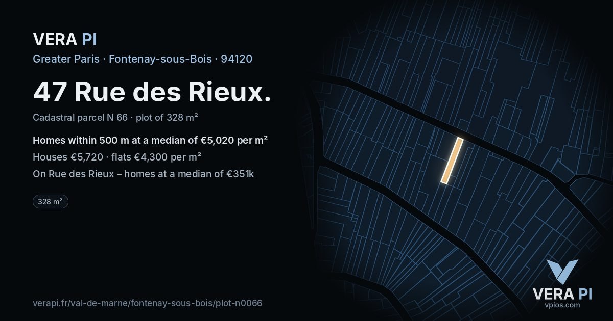 47 Rue des Rieux, Fontenay-sous-Bois at night – the plot lit, the parcels around coloured by the prices near them