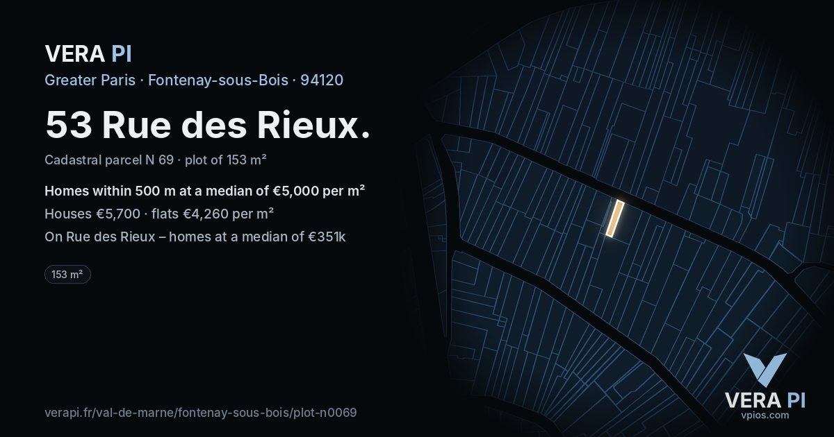 53 Rue des Rieux, Fontenay-sous-Bois at night – the plot lit, the parcels around coloured by the prices near them
