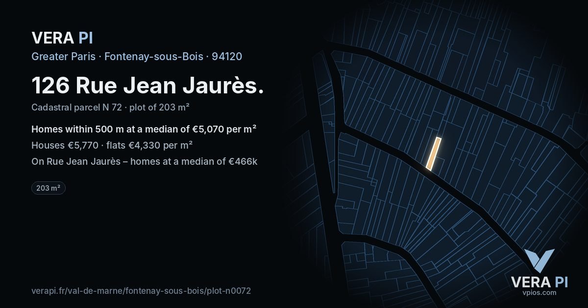 126 Rue Jean Jaurès, Fontenay-sous-Bois at night – the plot lit, the parcels around coloured by the prices near them